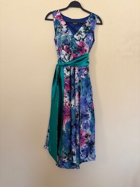 Richi & Co. Floral Wrap Dress with Teal Sash Belt